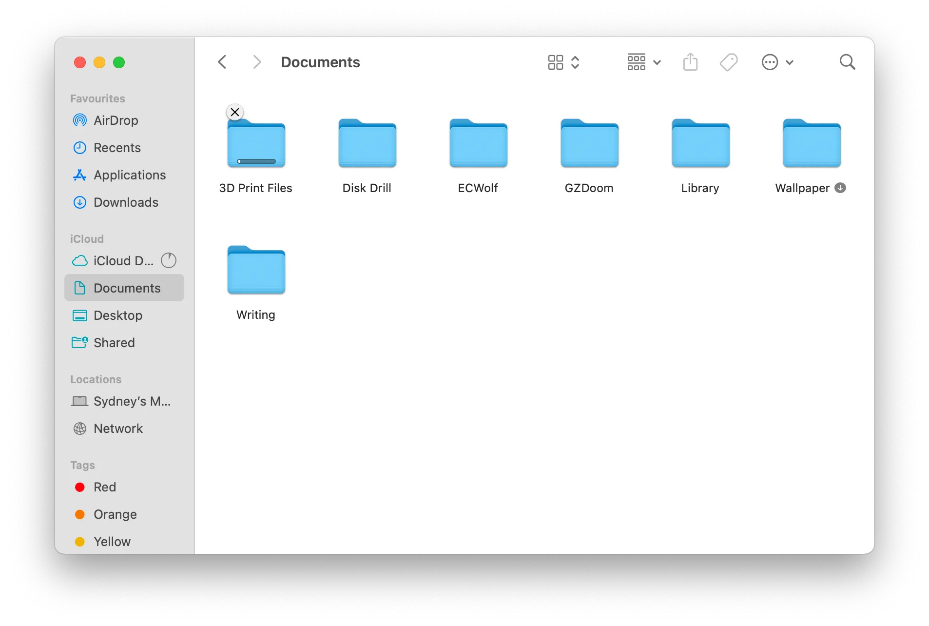 Thư mục Documents (Tài liệu) trong Finder trên macOS hiển thị các loại tệp tin phổ biến.