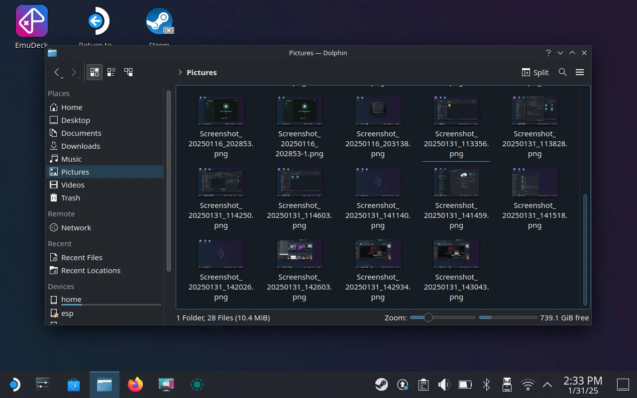 Thư mục Pictures trên SteamOS Desktop chứa các ảnh chụp màn hình đã lưu