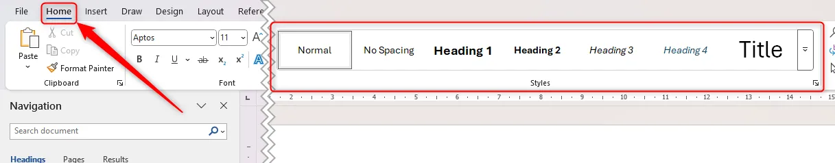Thư viện Style Gallery trong thẻ Home của Microsoft Word, chứa các kiểu định dạng tài liệu