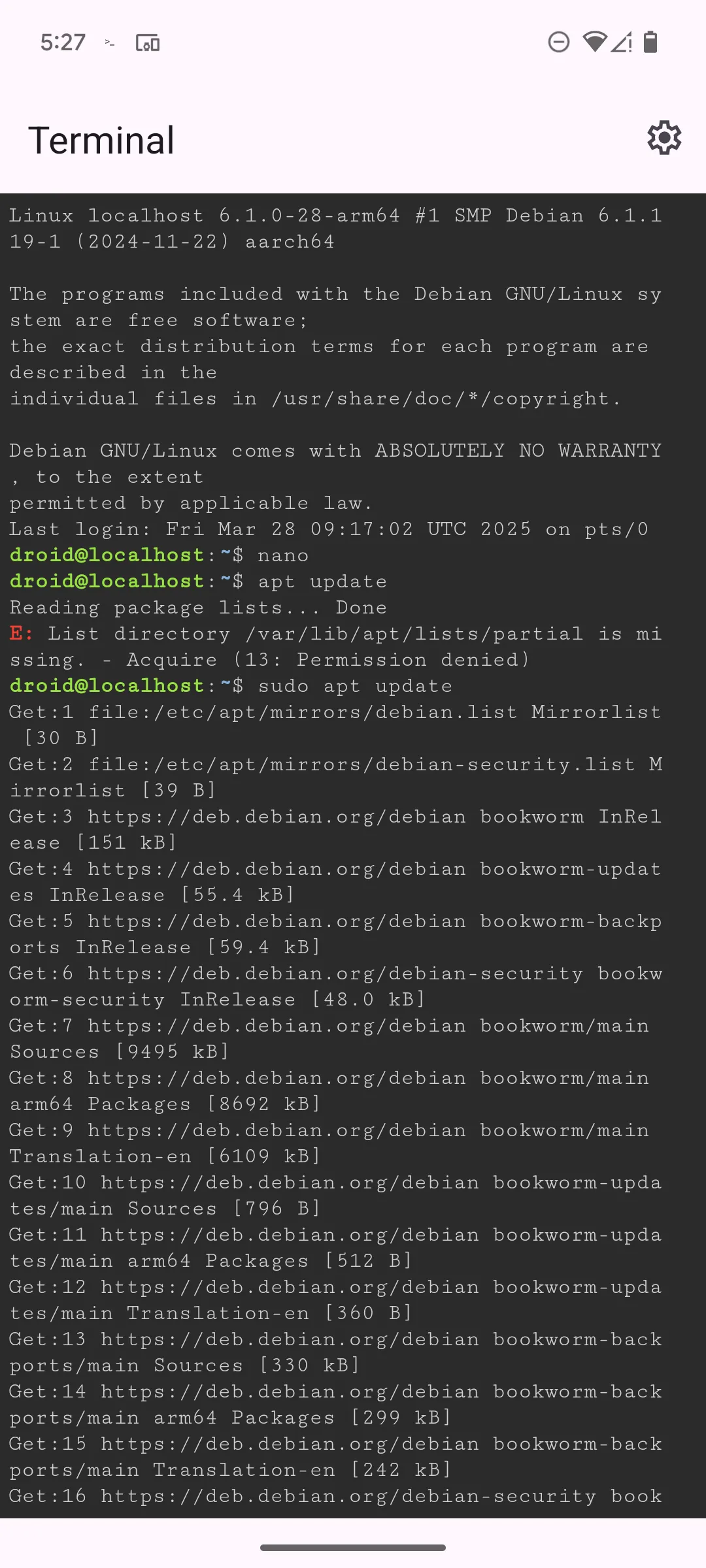 Thực hiện lệnh kiểm tra cập nhật (apt update) trong ứng dụng Linux Terminal trên Google Pixel 6.
