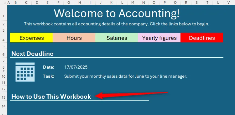 Tiêu đề phụ &quot;How To Use This Workbook&quot; được thêm vào trang chủ Excel, hướng dẫn người dùng.