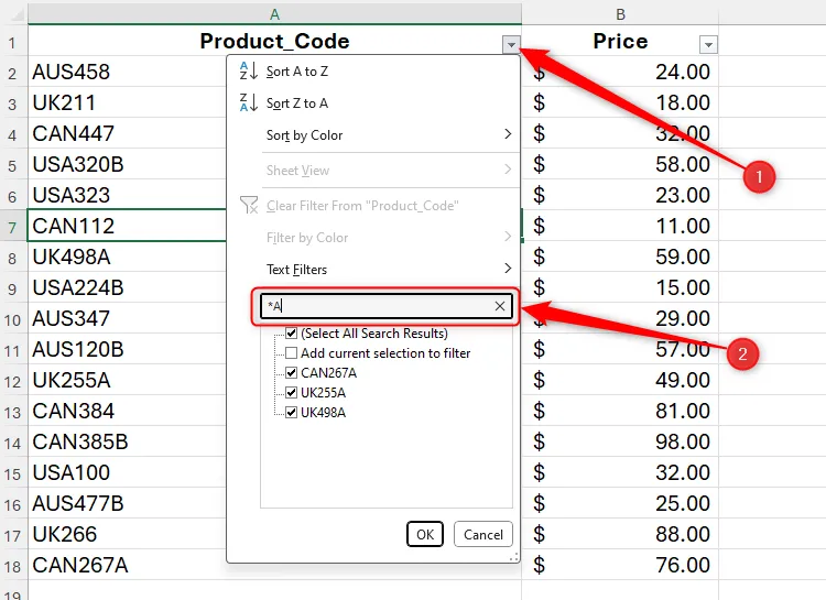 Tìm kiếm bộ lọc trong Microsoft Excel bao gồm ký tự đại diện dấu sao để chỉ trả về các giá trị kết thúc bằng chữ A.