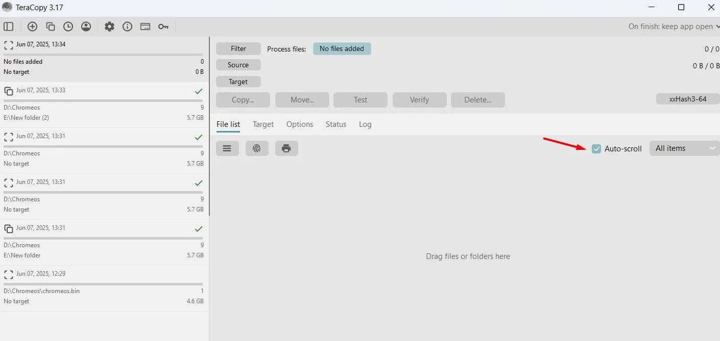 Tính năng Auto Scroll trong nhật ký TeraCopy, cho phép tự động bỏ qua file lỗi và tiếp tục quá trình sao chép.