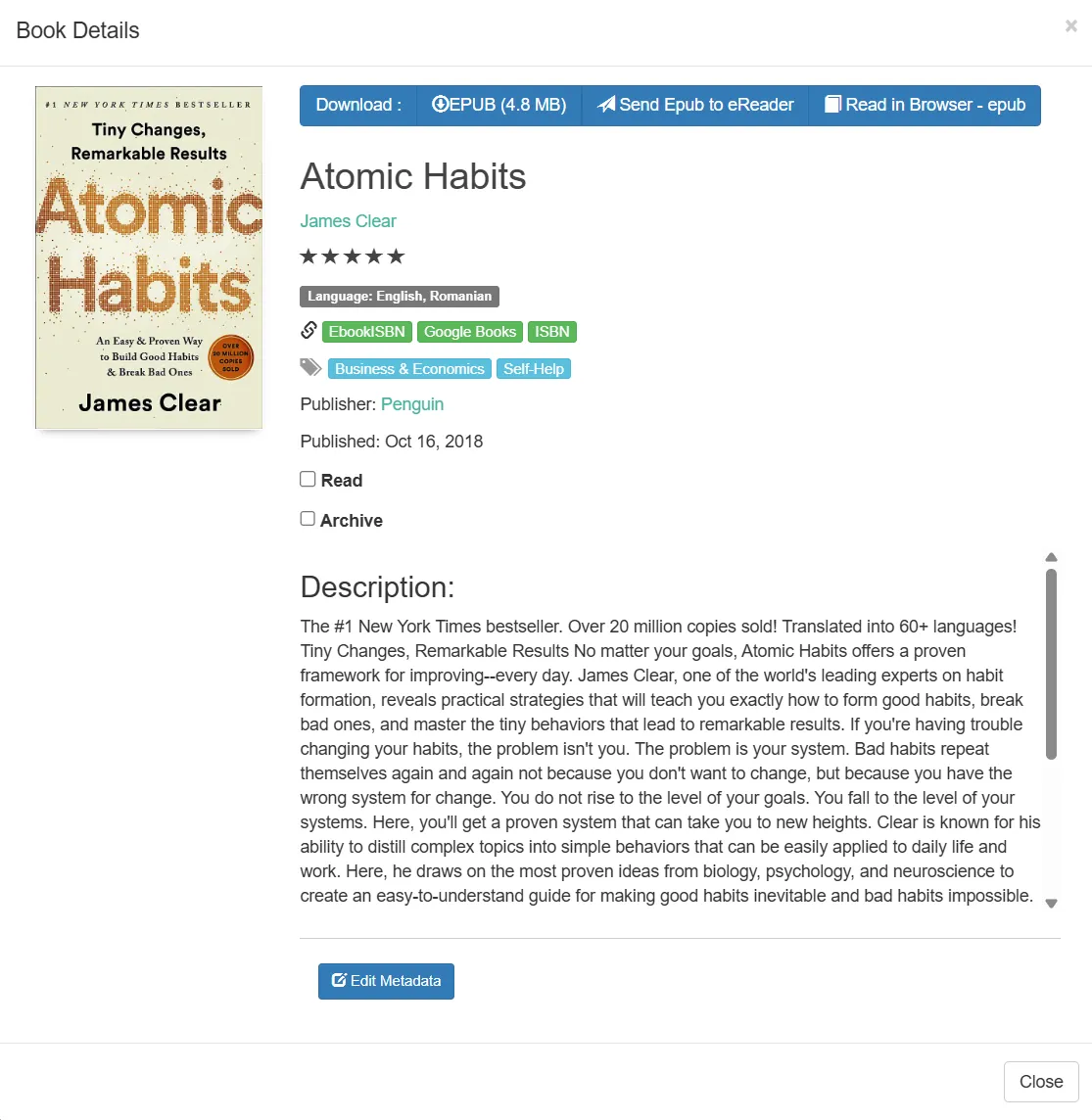 Tính năng gửi sách EPUB tới thiết bị đọc sách được bật trong giao diện Calibre Web