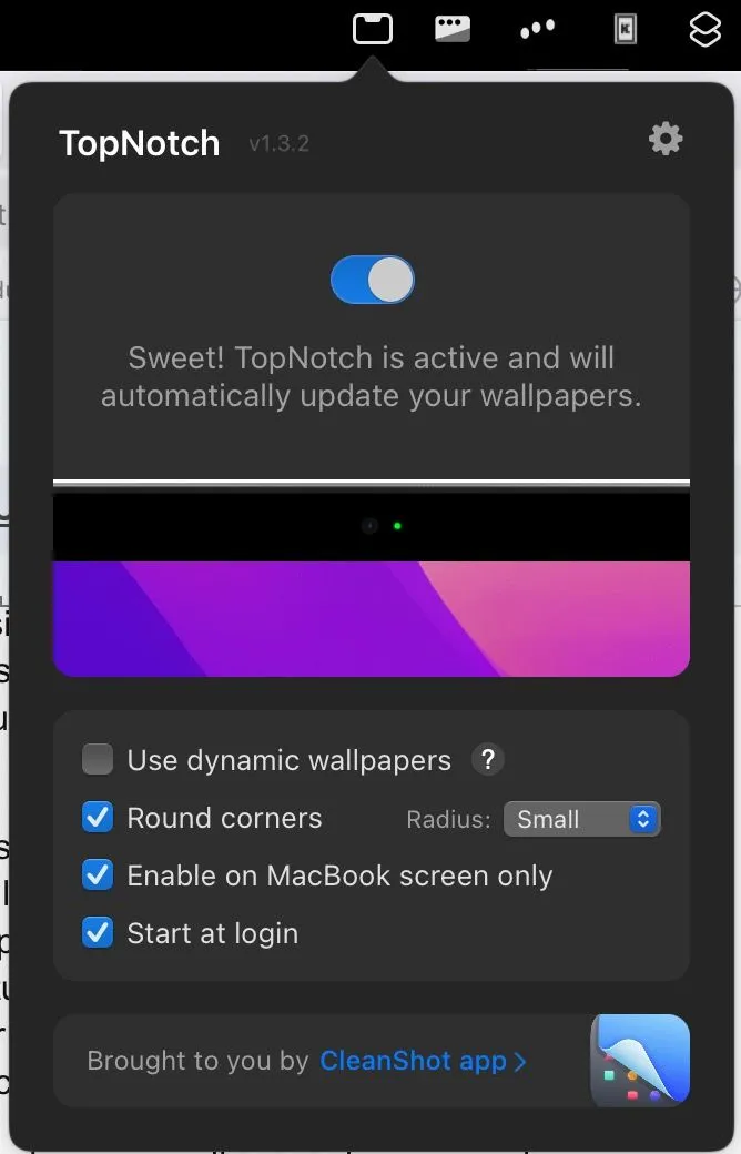 TopNotch tự động biến thanh menu đen để che tai thỏ MacBook