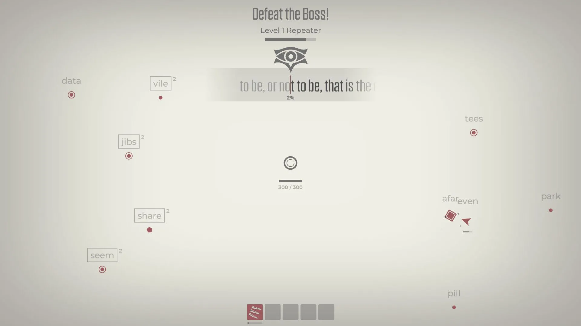 Trận chiến trùm trong game Glyphica: Typing Survival, nơi người chơi phải gõ chữ để tấn công