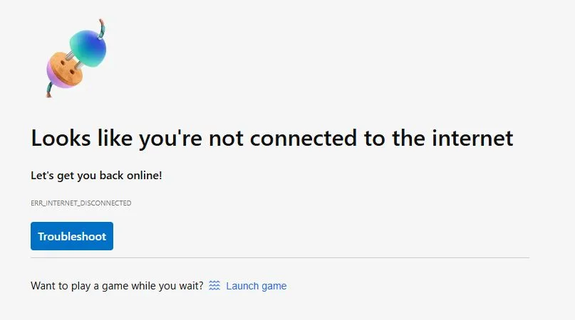 Trang báo lỗi &quot;Không có kết nối Internet&quot; của Microsoft Edge với tùy chọn khởi chạy game.