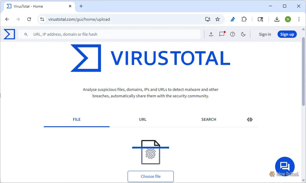 Trang chủ của dịch vụ VirusTotal, nơi kiểm tra các file và ứng dụng có chứa mã độc hay không.
