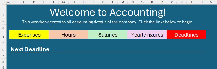 Trang chủ Excel với tiêu đề phụ &quot;Next Deadline&quot; được thêm bên dưới thanh điều hướng, có đường viền trắng.