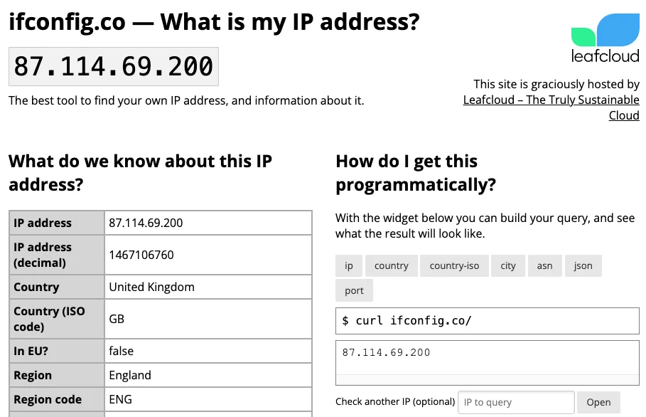 Trang chủ ifconfig.co trong trình duyệt web với các chi tiết bao gồm địa chỉ IP công cộng của người dùng, quốc gia và khu vực của họ.