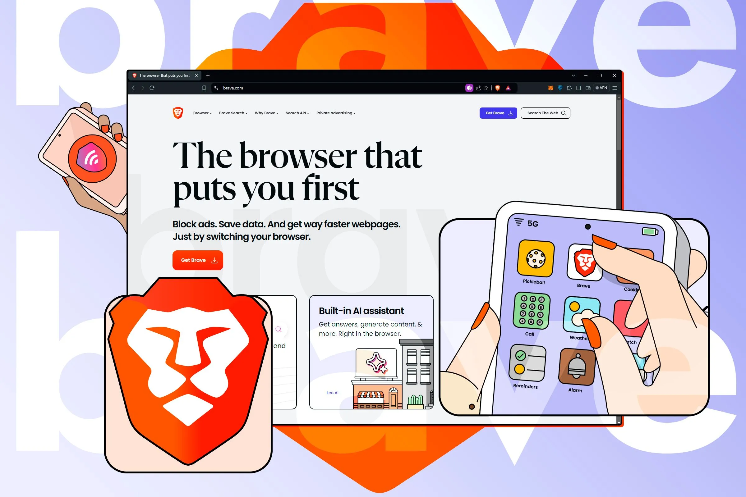 Trang chủ trình duyệt Brave với các minh họa nhấn mạnh tính năng bảo mật và quyền riêng tư.