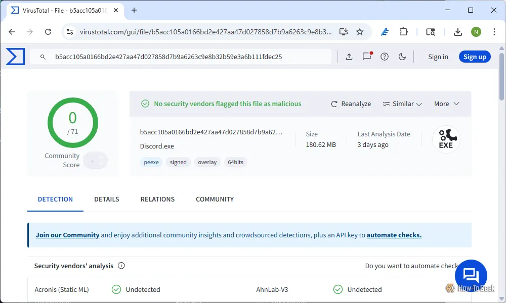 Trang kết quả chi tiết của VirusTotal.com sau khi quét một tiến trình từ Process Explorer.