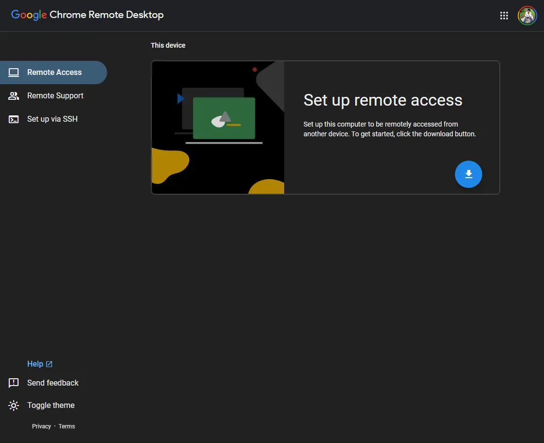 Trang tải công cụ thiết lập Chrome Remote Desktop để truy cập từ xa