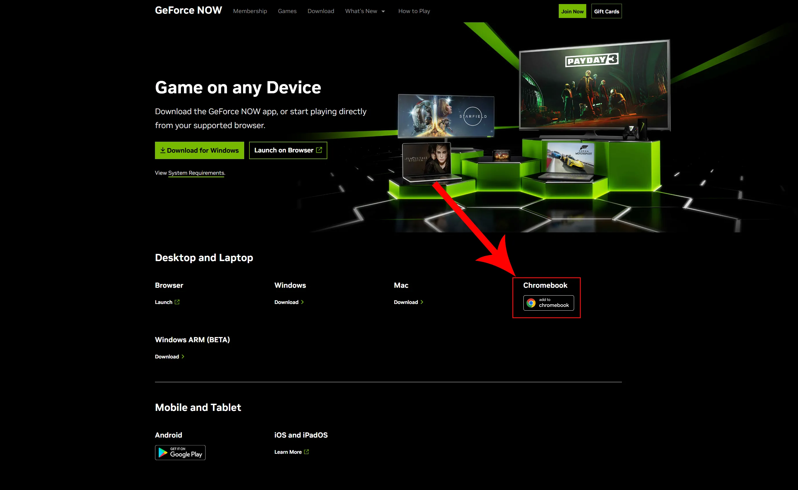 Trang web NVIDIA GeForce NOW với mũi tên chỉ vào nút 'Add to Chromebook'