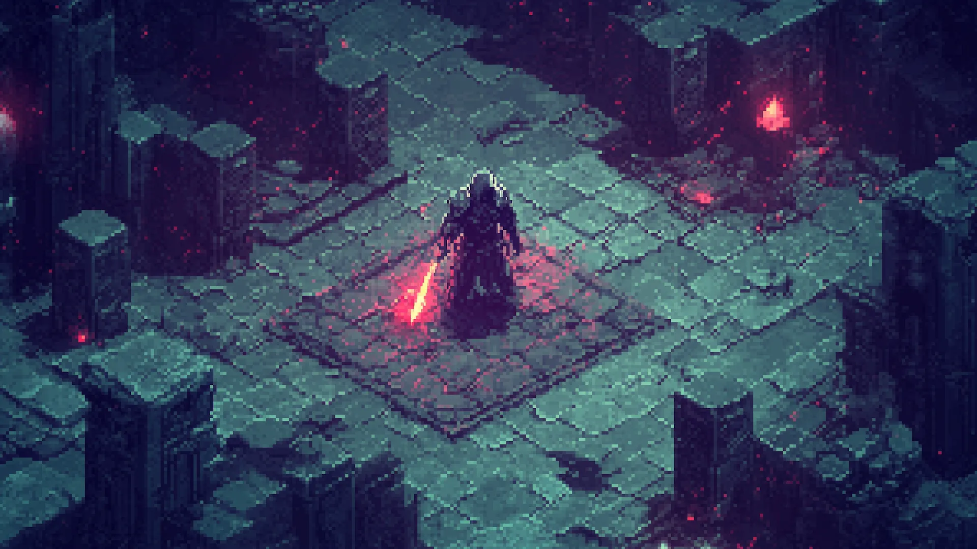 Tranh pixel nghệ thuật của một game nhập vai hành động (RPG) góc nhìn isometric, gợi nhớ Diablo, minh họa thể loại game lý tưởng để xem