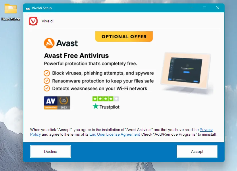 Trình cài đặt Vivaldi trên Windows 11 đề xuất cài đặt Avast Antivirus