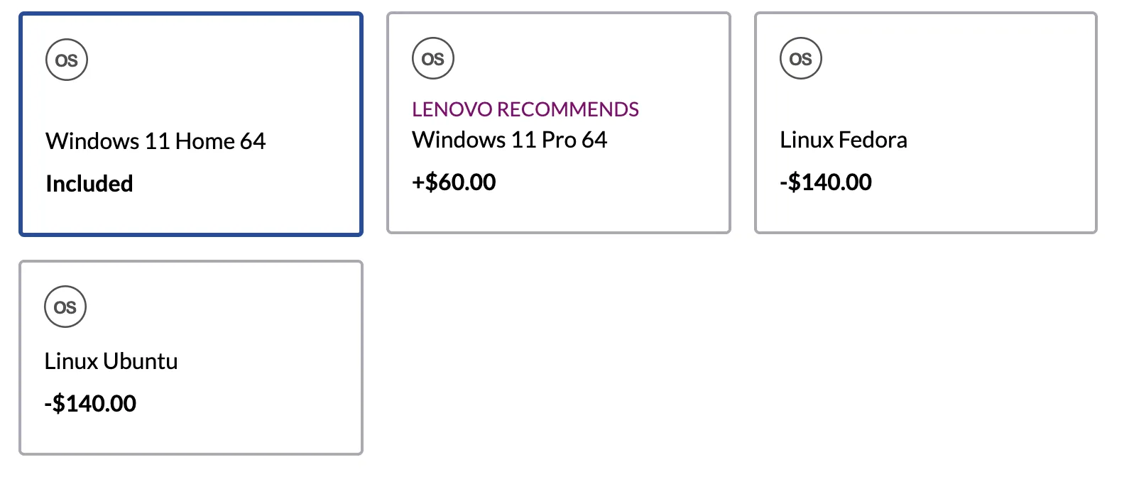 Trình cấu hình laptop Lenovo hiển thị mức giảm giá lớn khi chọn hệ điều hành Linux