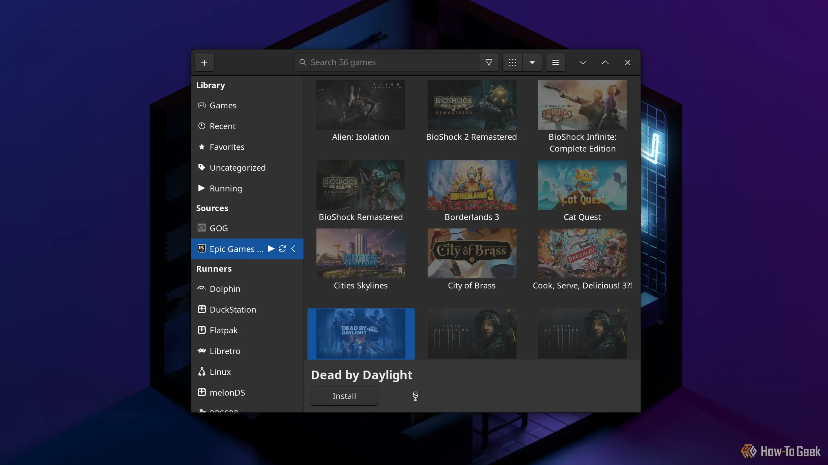 Trình quản lý game Lutris hiển thị các game đã mua trên Epic Games Store.
