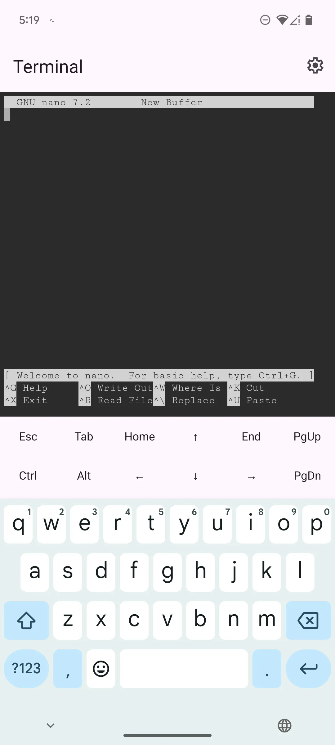 Trình soạn thảo văn bản Nano đang hoạt động trong ứng dụng Linux Terminal trên Google Pixel 6.