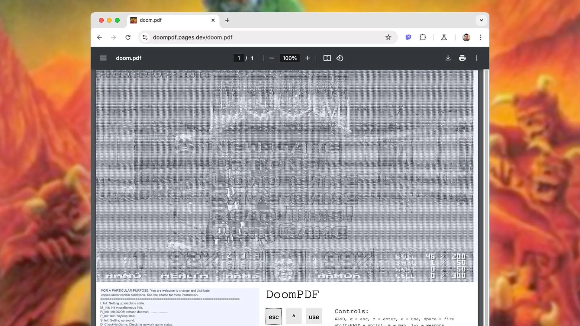 Trò chơi DOOM đang được chạy trực tiếp bên trong một tài liệu PDF.