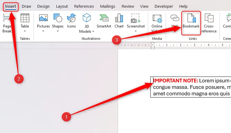 Trỏ chuột được đặt ở vị trí muốn tạo Bookmark và nút Bookmark được chọn trong Word