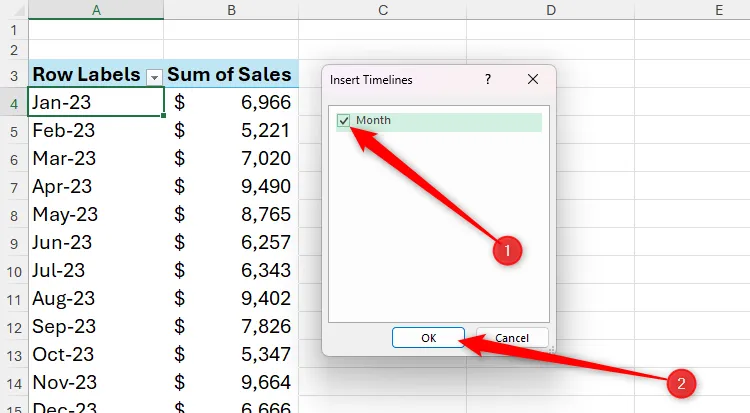 Trường Month trong hộp thoại Insert Timelines của Excel được đánh dấu, và nút OK được chọn.