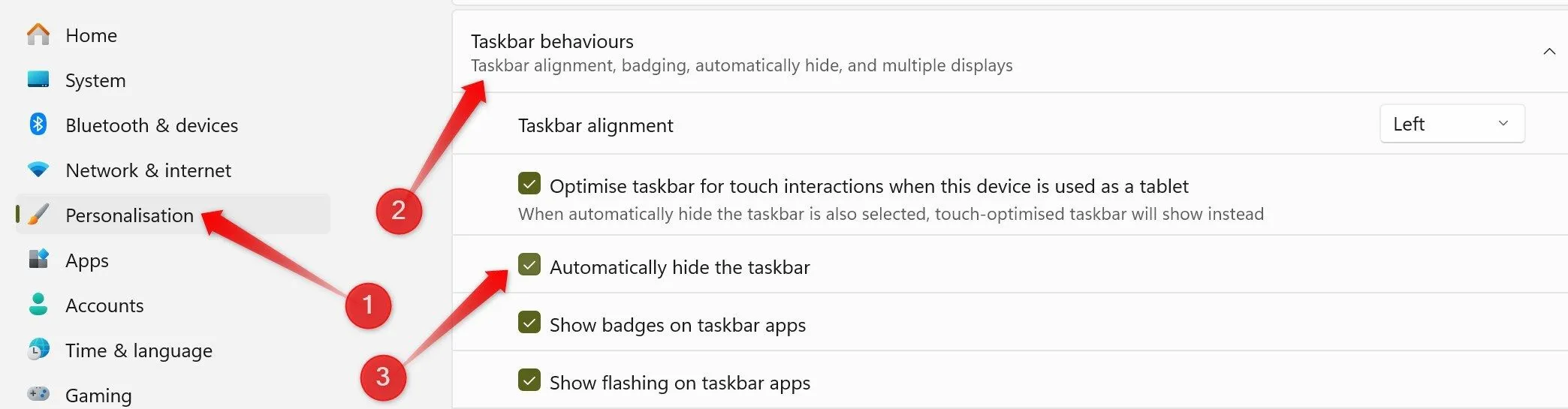Tự động ẩn taskbar trong ứng dụng Cài đặt của Windows.