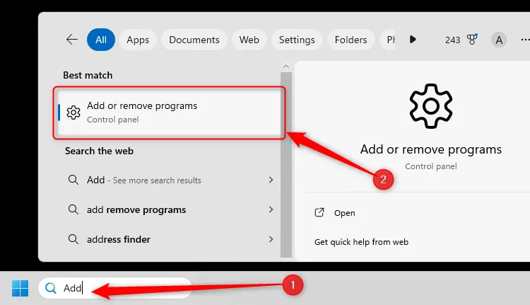 Từ khóa &quot;Add&quot; được nhập vào trường tìm kiếm thanh tác vụ Windows 11 và &quot;Thêm hoặc Xóa chương trình&quot; được chọn trong kết quả