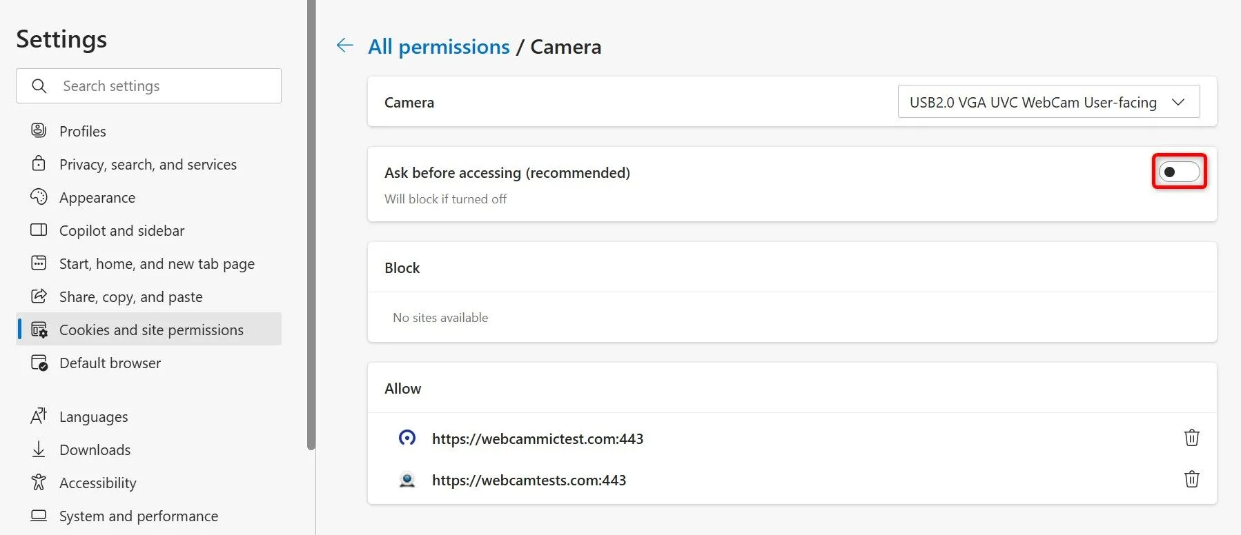 Tùy chỉnh quyền truy cập camera và micro cho trang web trong trình duyệt Microsoft Edge.