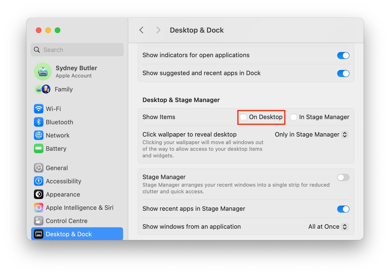 Tùy chọn ẩn các biểu tượng trên màn hình nền macOS trong Cài đặt Hệ thống.