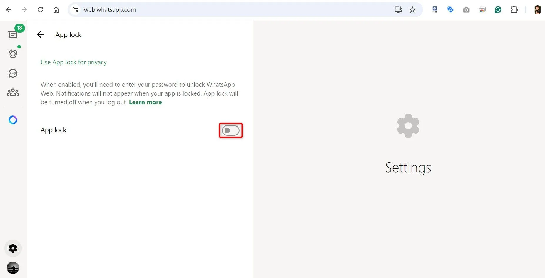 Tùy chọn &quot;App Lock&quot; đã được bật trong cài đặt WhatsApp Web