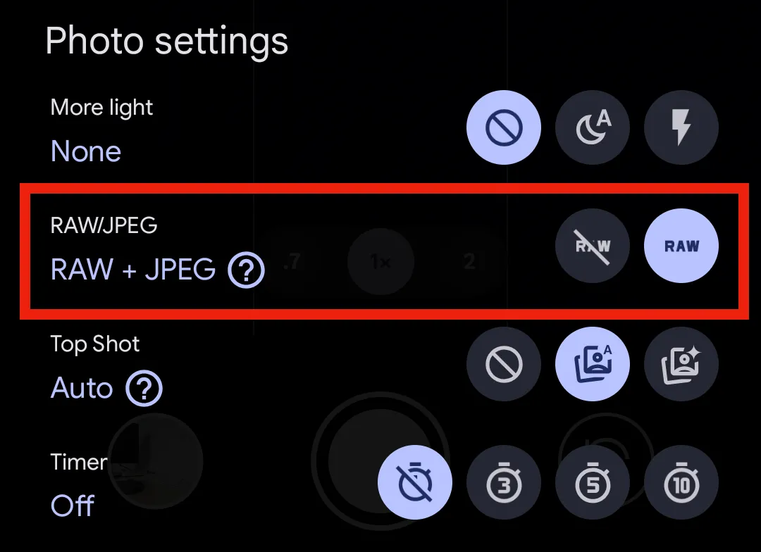 Tùy chọn bật chế độ chụp RAW/JPEG trong cài đặt nâng cao của Pixel Camera