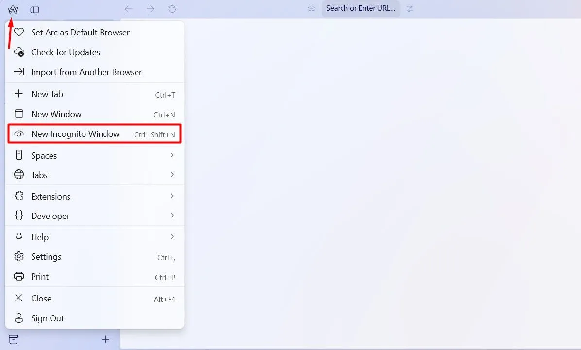 Tùy chọn &quot;Chế độ ẩn danh mới&quot; trong Arc Browser