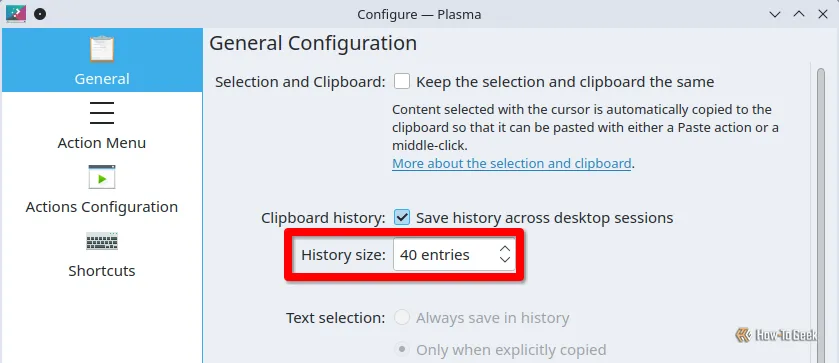 Tùy chọn điều chỉnh kích thước lịch sử clipboard của Klipper trong cài đặt KDE Plasma.