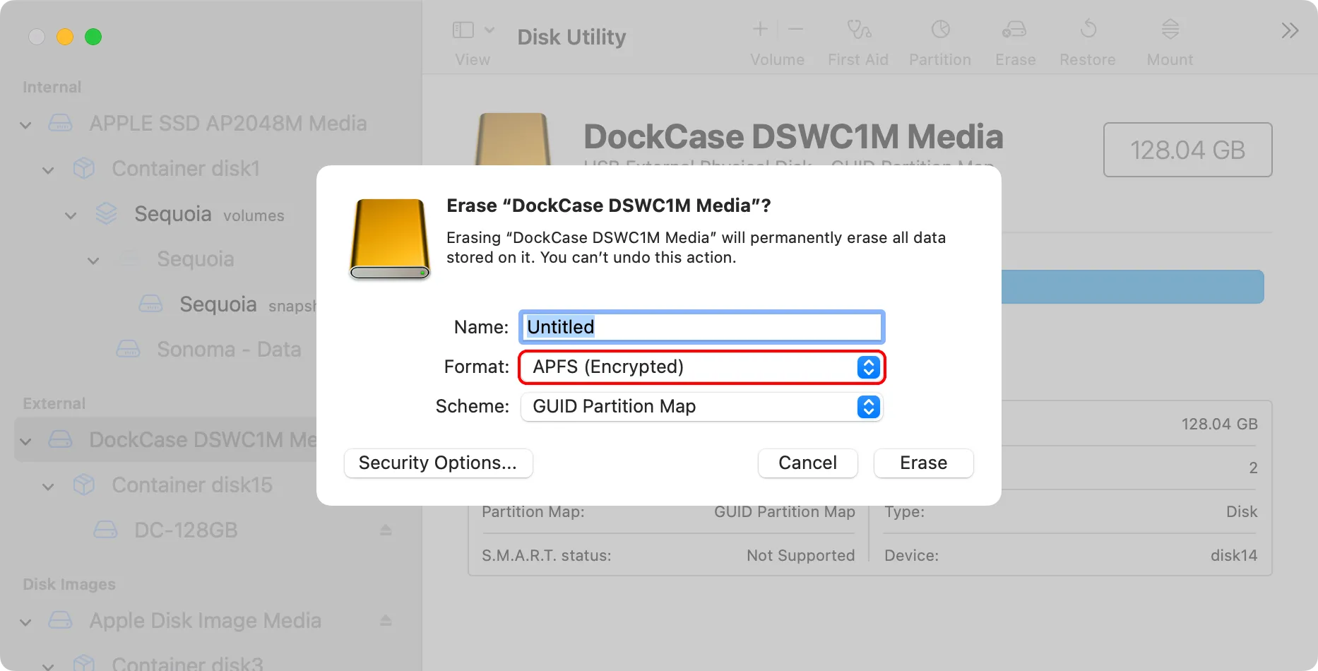 Tùy chọn định dạng APFS (Encrypted) khi xóa và mã hóa ổ đĩa ngoài trong Disk Utility.