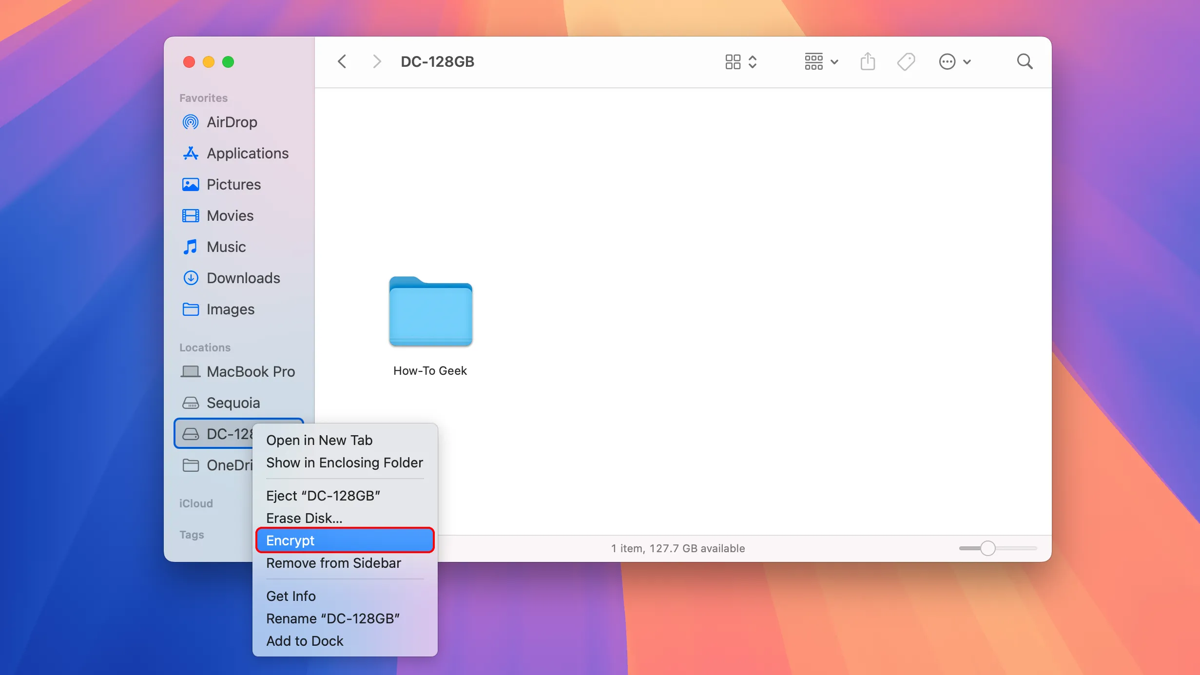Tùy chọn &quot;Encrypt&quot; để mã hóa ổ đĩa ngoài trực tiếp từ Finder trên macOS.