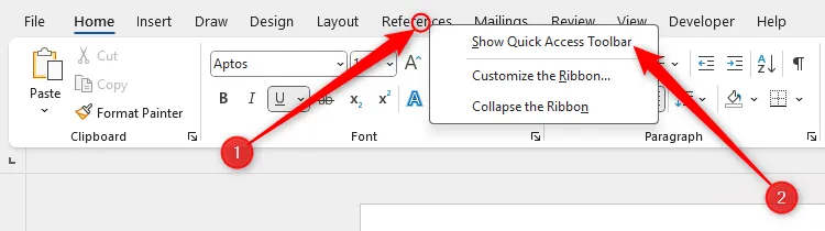 Tùy chọn hiển thị Thanh công cụ truy cập nhanh (QAT) được chọn trong Microsoft Word