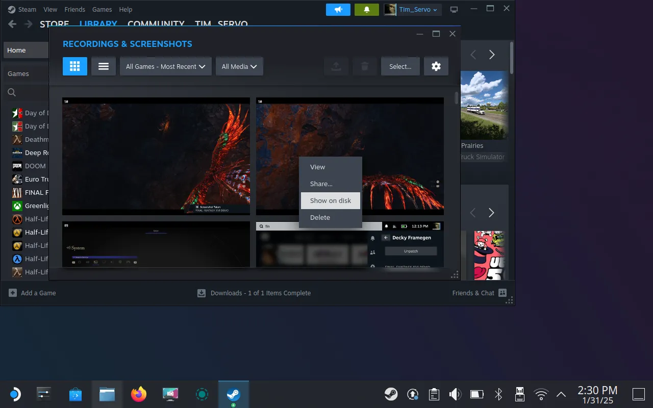 Tùy chọn 'Hiển thị trên ổ đĩa' (Show on Disk) trong Steam giúp định vị ảnh chụp màn hình trên SteamOS