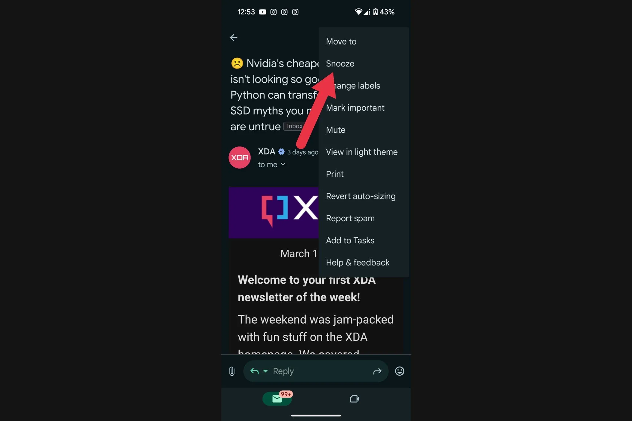 Tùy chọn hoãn email trong menu ngữ cảnh của Gmail Android