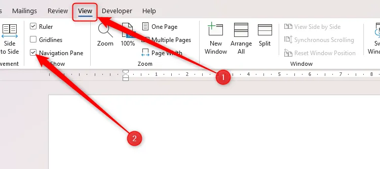 Tùy chọn Navigation Pane được tích chọn trong thẻ View của Word, hỗ trợ điều hướng