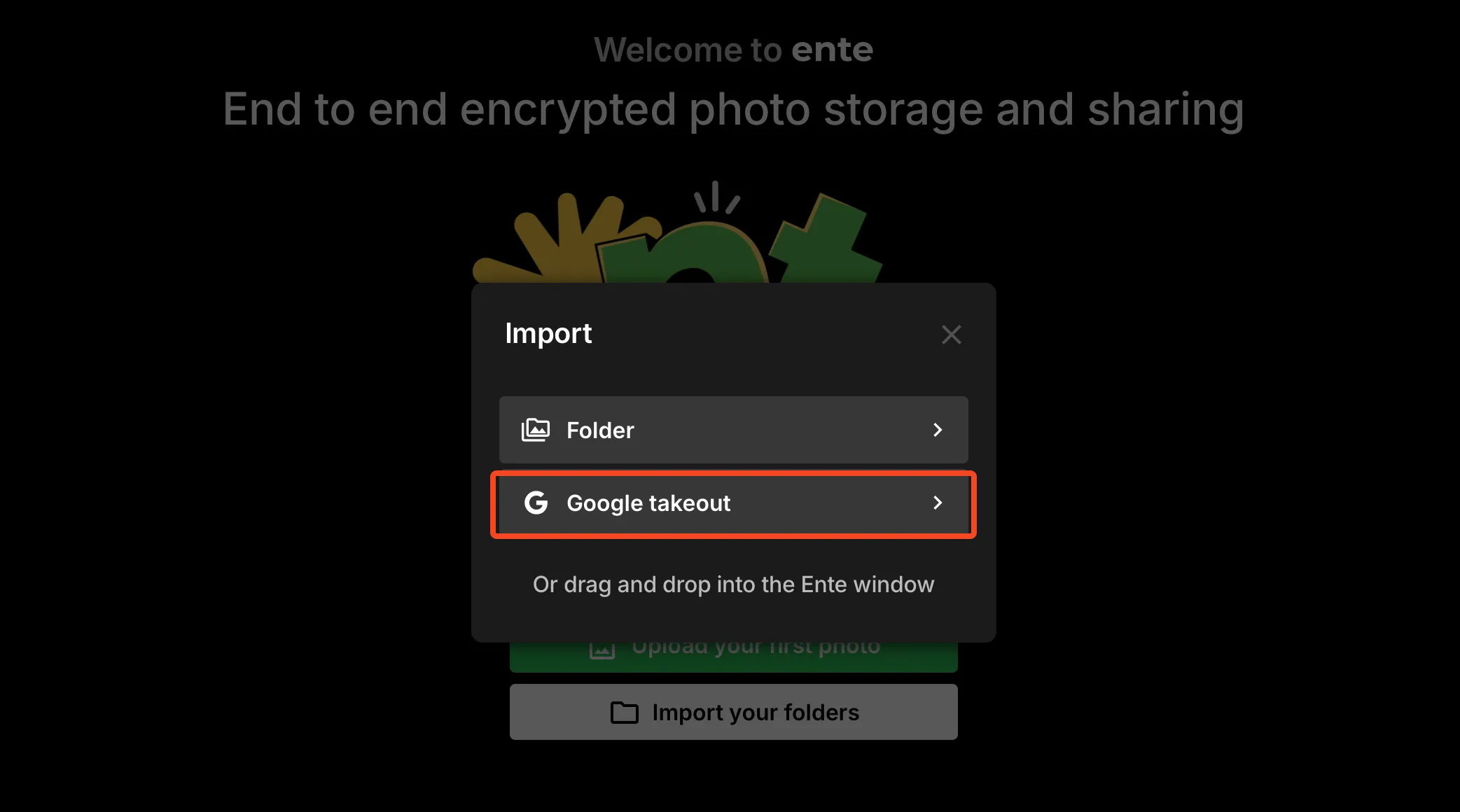 Tùy chọn nhập dữ liệu Google Takeout trong ứng dụng Ente Photo