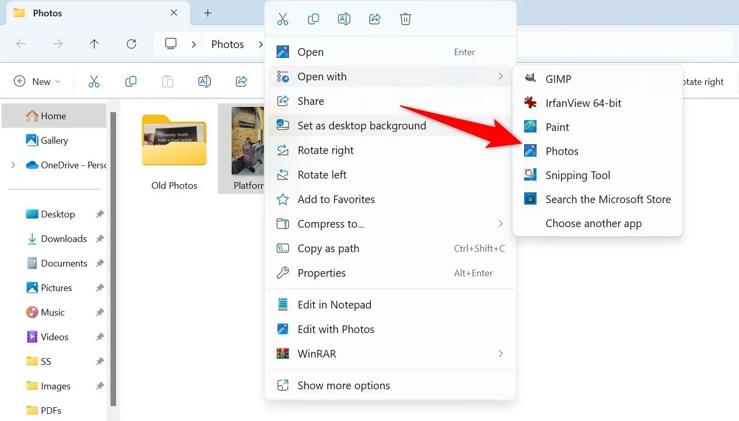 Tùy chọn &quot;Open With &gt; Photos&quot; được đánh dấu cho ảnh trong File Explorer