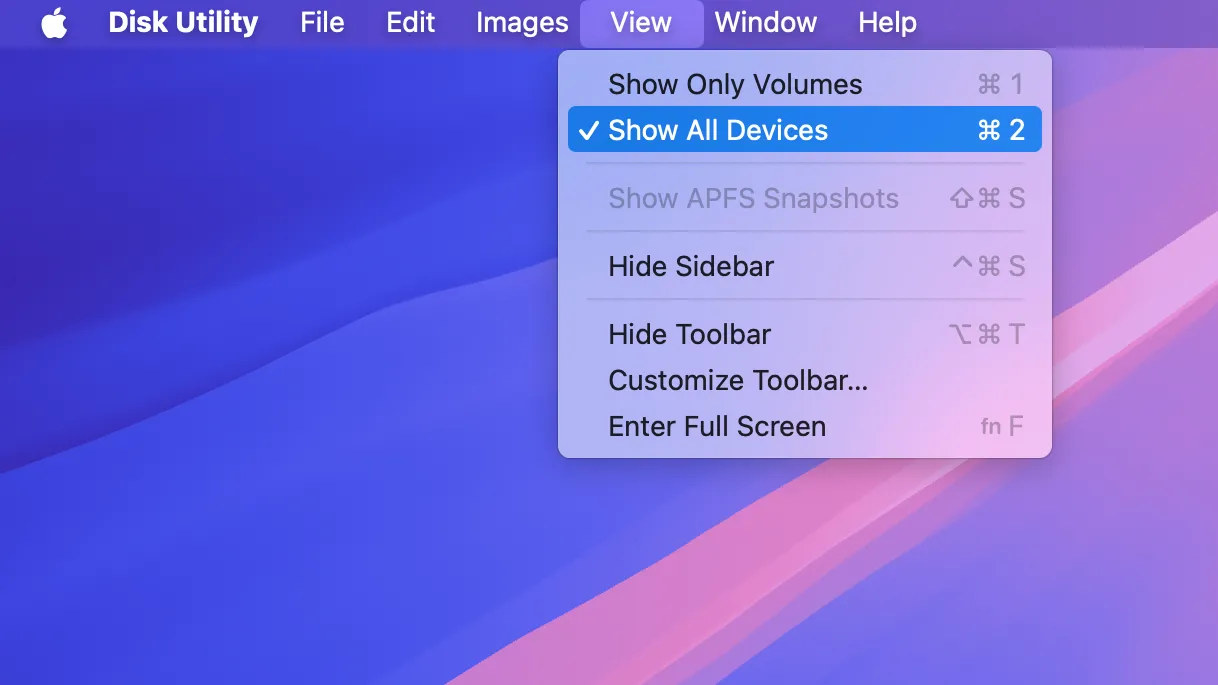 Tùy chọn &quot;Show All Devices&quot; trong menu View của Disk Utility trên macOS.