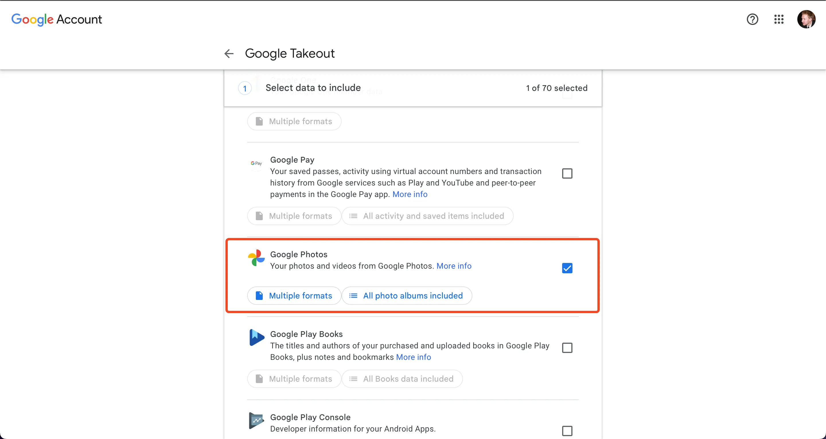 Tùy chọn tải dữ liệu Google Photos qua Google Takeout
