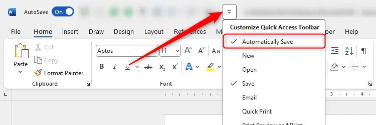 Tùy chọn &quot;Tự động lưu&quot; được chọn trong menu thả xuống tùy chỉnh QAT của Microsoft Word