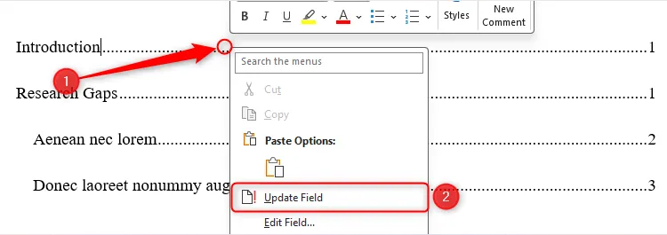Tùy chọn Update Field khi nhấp chuột phải vào mục lục trong Microsoft Word