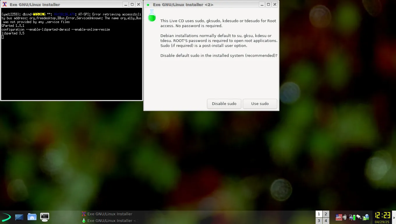 Tùy chọn vô hiệu hóa sudo trong quá trình cài đặt EXE, liên quan đến vấn đề bảo mật tài khoản