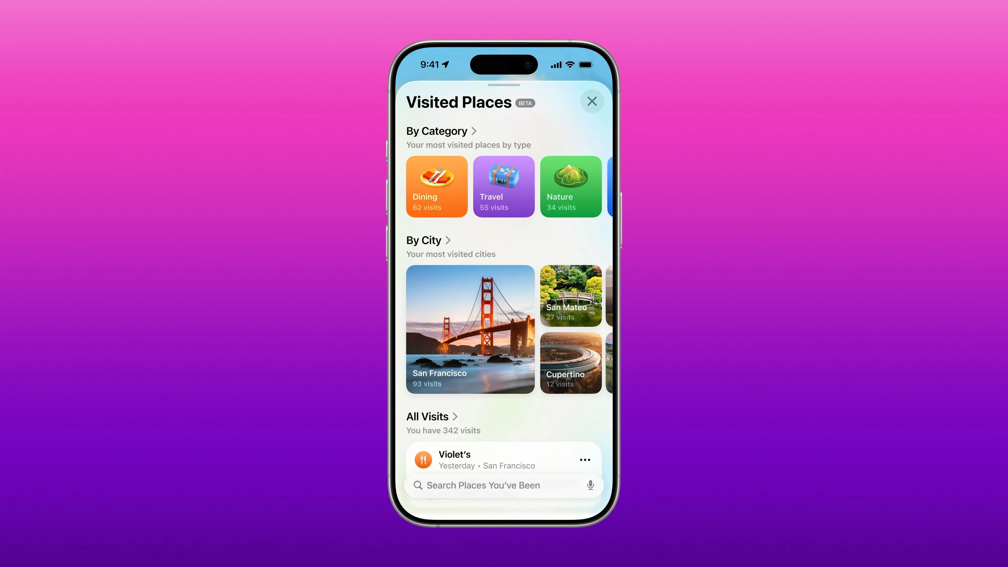 Ứng dụng Apple Maps trên iPhone hiển thị phần &quot;Địa điểm đã ghé thăm&quot; (Visited Places) trong iOS 26.