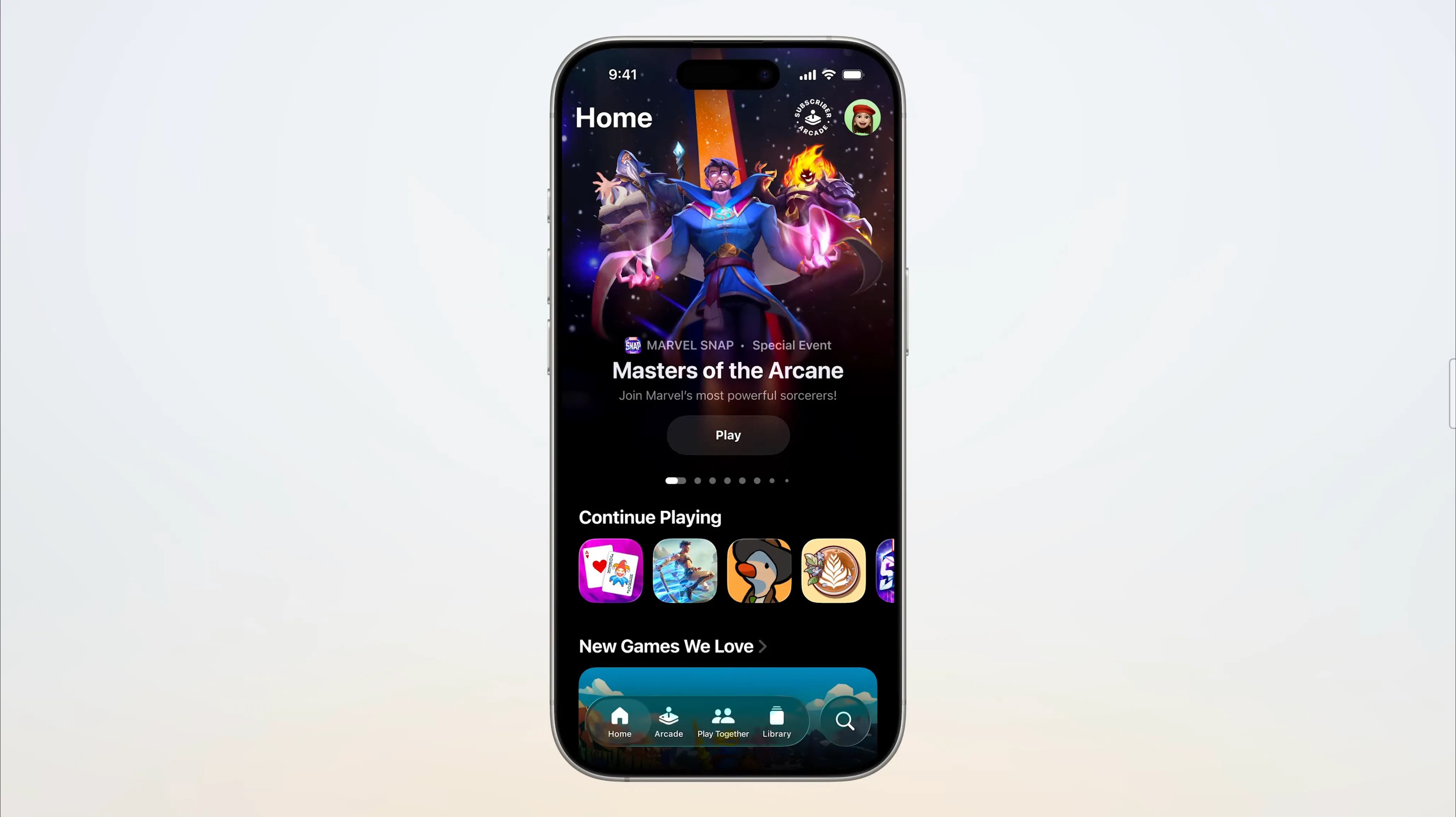 Ứng dụng Games mới trong iOS 26, hiển thị các trò chơi đang chơi và đề xuất theo sở thích