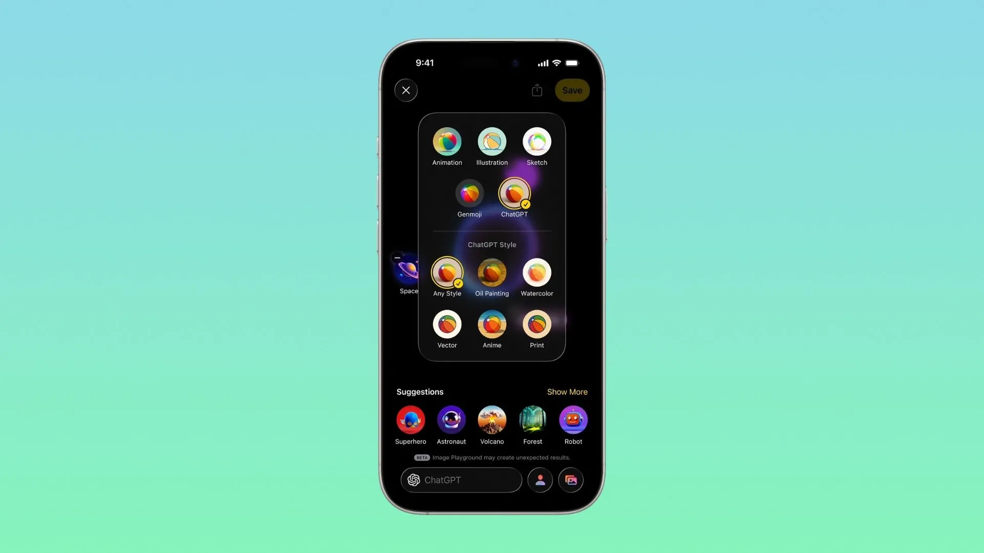 Ứng dụng Image Playground trên iPhone hiển thị các phong cách vẽ được hỗ trợ bởi ChatGPT trong iOS 26.